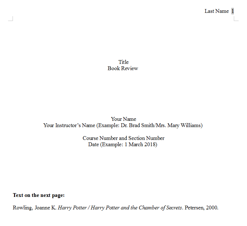 sample of a title page for a book report